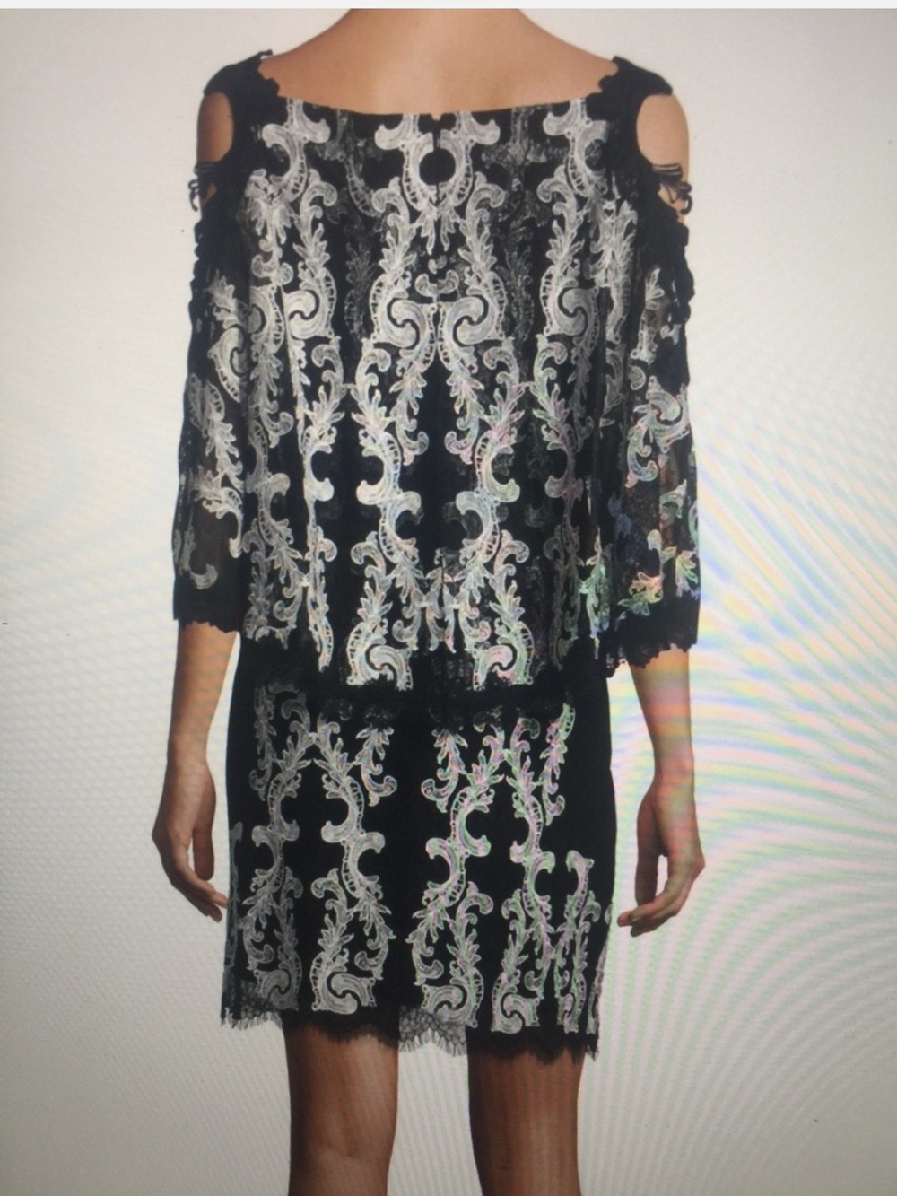 Kobi Halperin Black and White Cold-Shoulder Lace Shift Dress Sz 8 - Picture 2 of 11